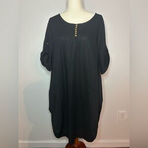 MINIBEE Cotton Linen Blend Black Quarter Sleeve Tunic Dress
